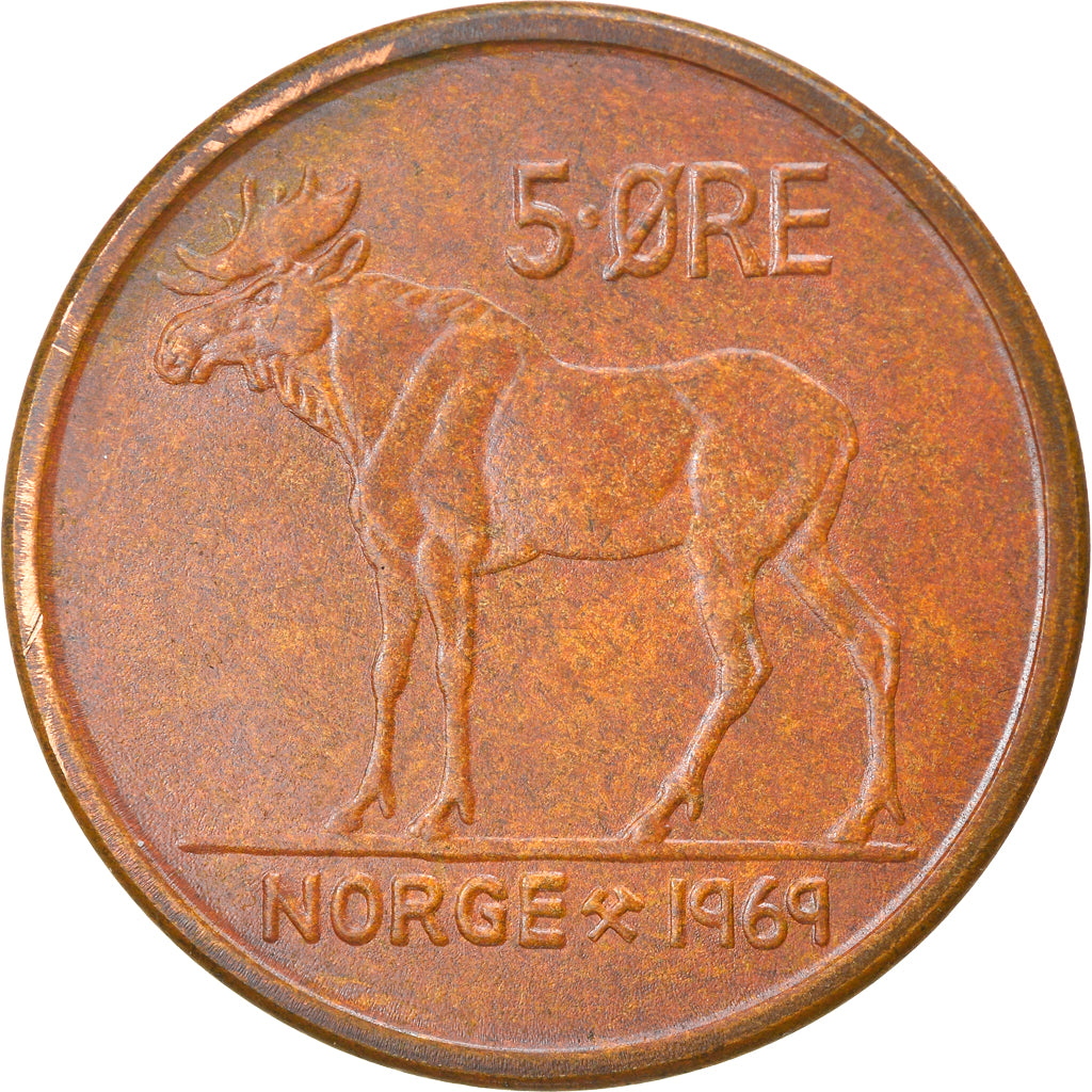 Coin, Norway, Olav V, 5 Öre, 1969, EF(40-45), Bronze, KM:405