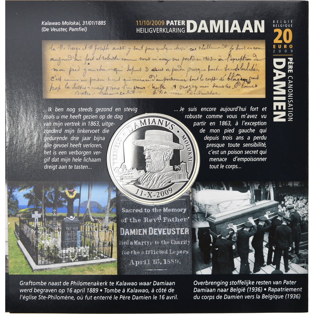 Belgium, 20 Euro, Father Damian DeVeuster KM 287, 2009, BE, MS(65-70), Silver