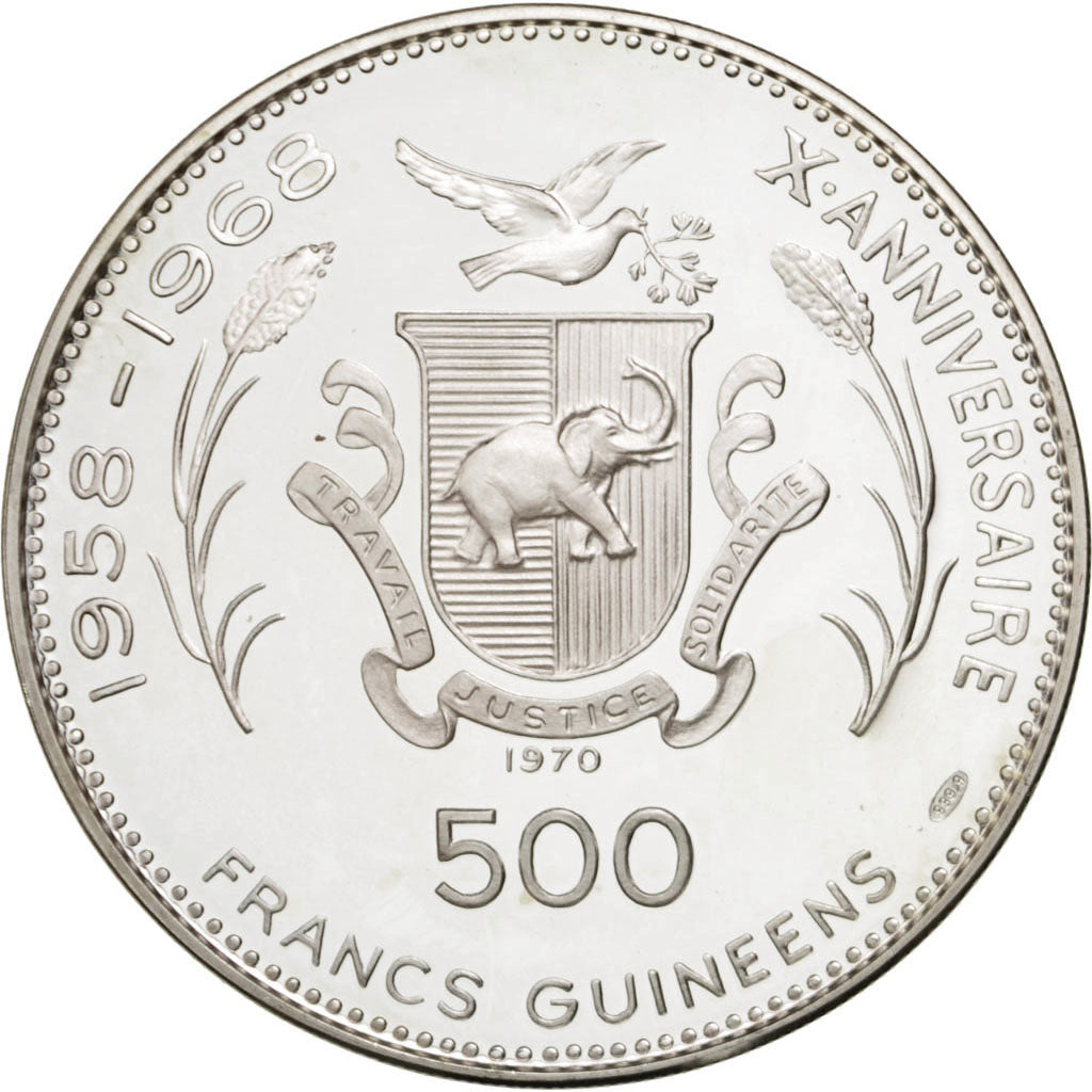 Coin, Guinea, 500 Francs, 1970, MS(60-62), Silver, KM:26