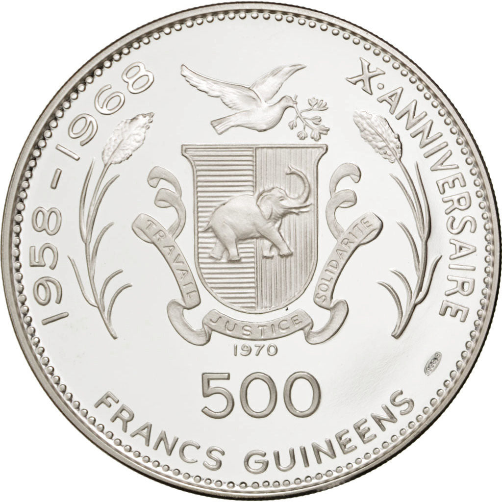 GUINEA, 500 Francs, 1970, KM #22, MS(64), Silver, 42, 28.16