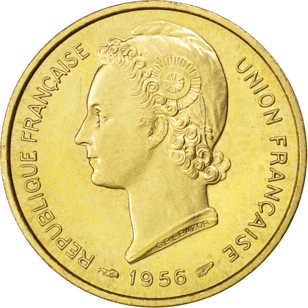 TOGO, 10 Francs, 1956, Paris, KM #E7, AU(55-58), Bronze-Aluminium, Lecompte...