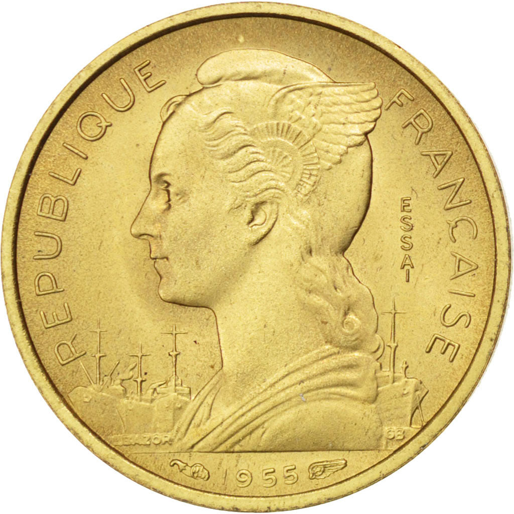 REUNION, 10 Francs, 1951, KM #E6, AU(55-58), Aluminum-Bronze, Lecompte #77, 3.05