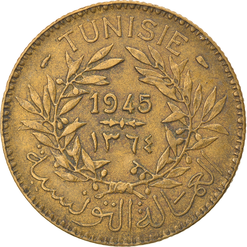 Moneta, Tunisia, Anonymous, 2 Francs, 1945, Paris, EF(40-45), Aluminium-Brąz