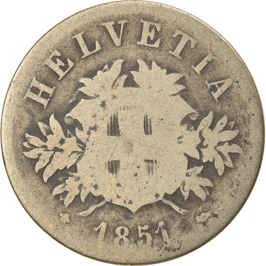 Coin, Switzerland, 20 Rappen, 1851, Strasbourg, VF(20-25), Billon, KM:7