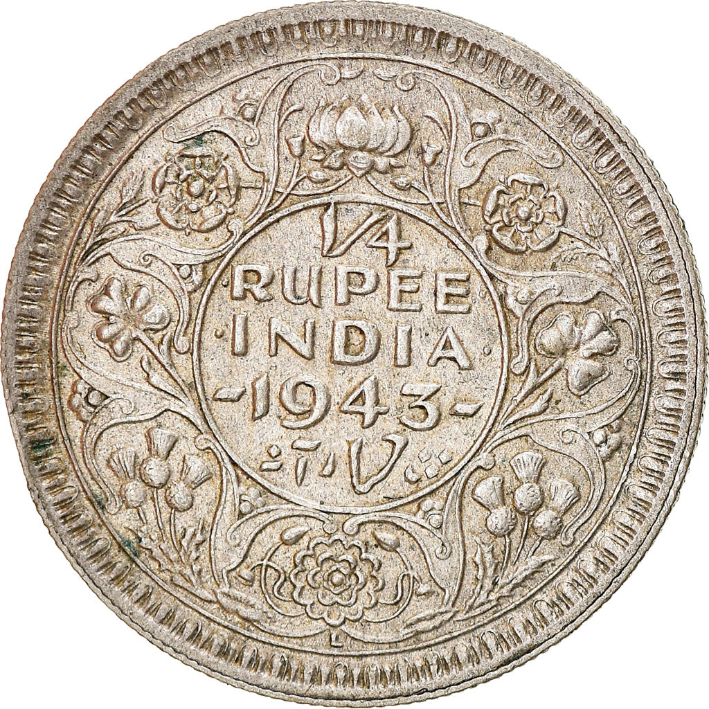 Coin, INDIA-BRITISH, George VI, 1/4 Rupee, 1943, AU(50-53), Silver, KM:546