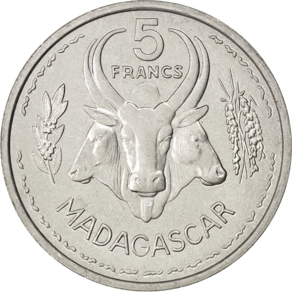 MADAGASCAR, 5 Francs, 1953, Paris, KM #E3, AU(55-58), Aluminum, Lecompte #105,..