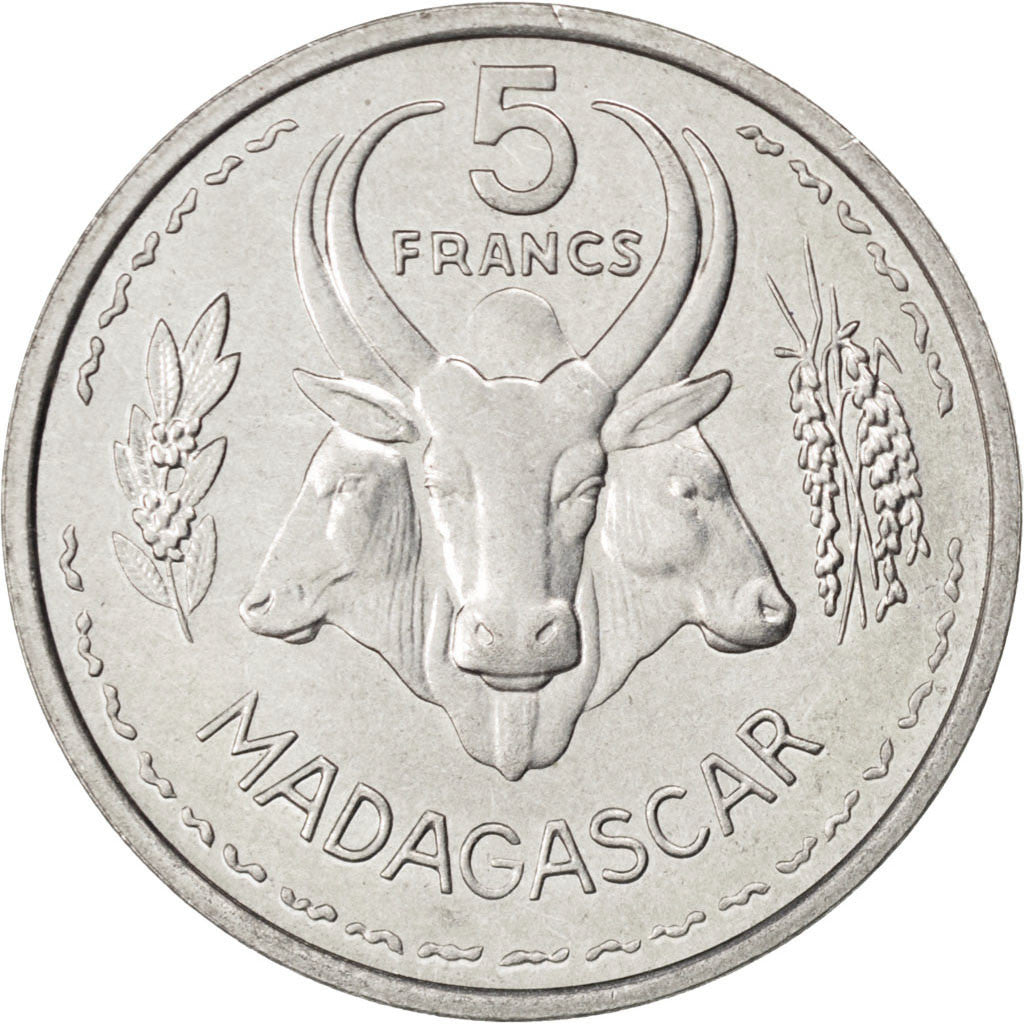 MADAGASCAR, 5 Francs, 1953, Paris, KM #E3, AU(55-58), Aluminum, Lecompte #105,..