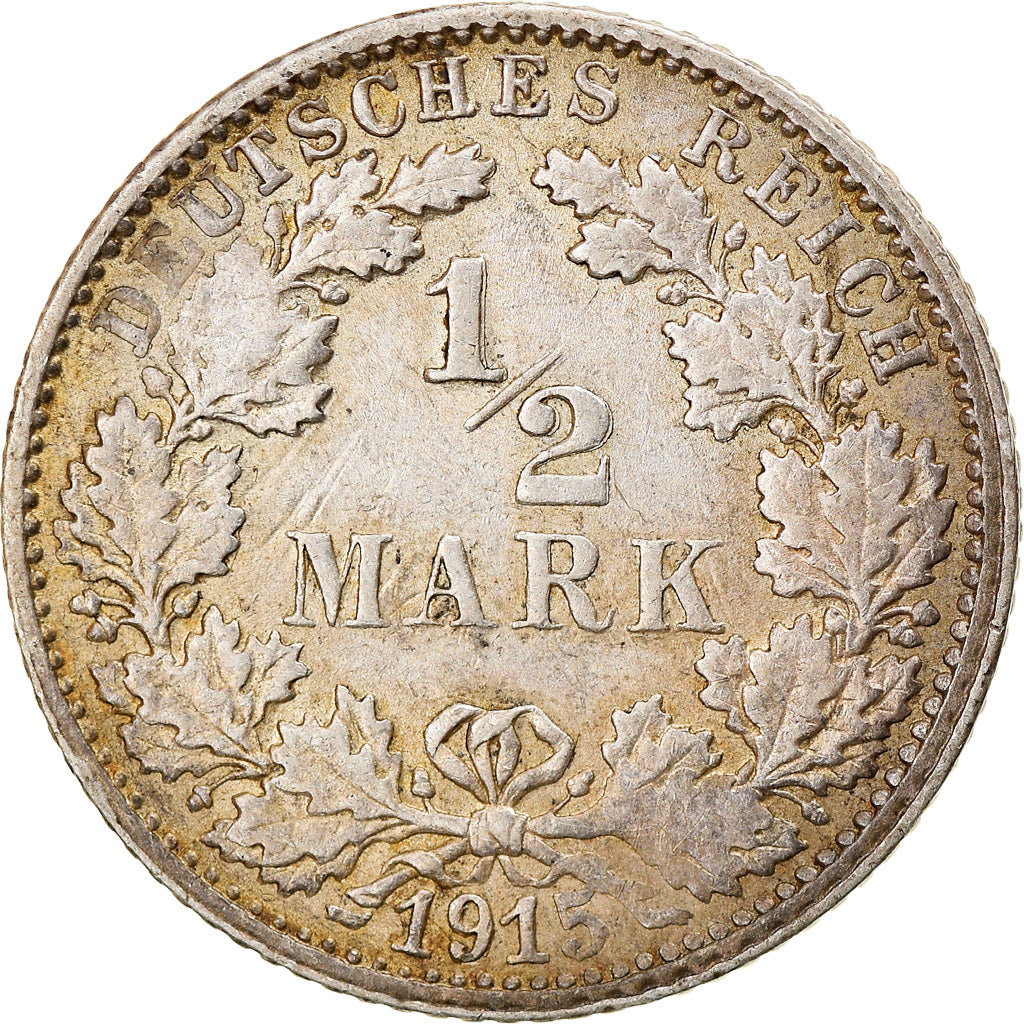 Munten, DUITSLAND - KEIZERRIJK, 1/2 Mark, 1915, Stuttgart, ZF+, Zilver, KM:17
