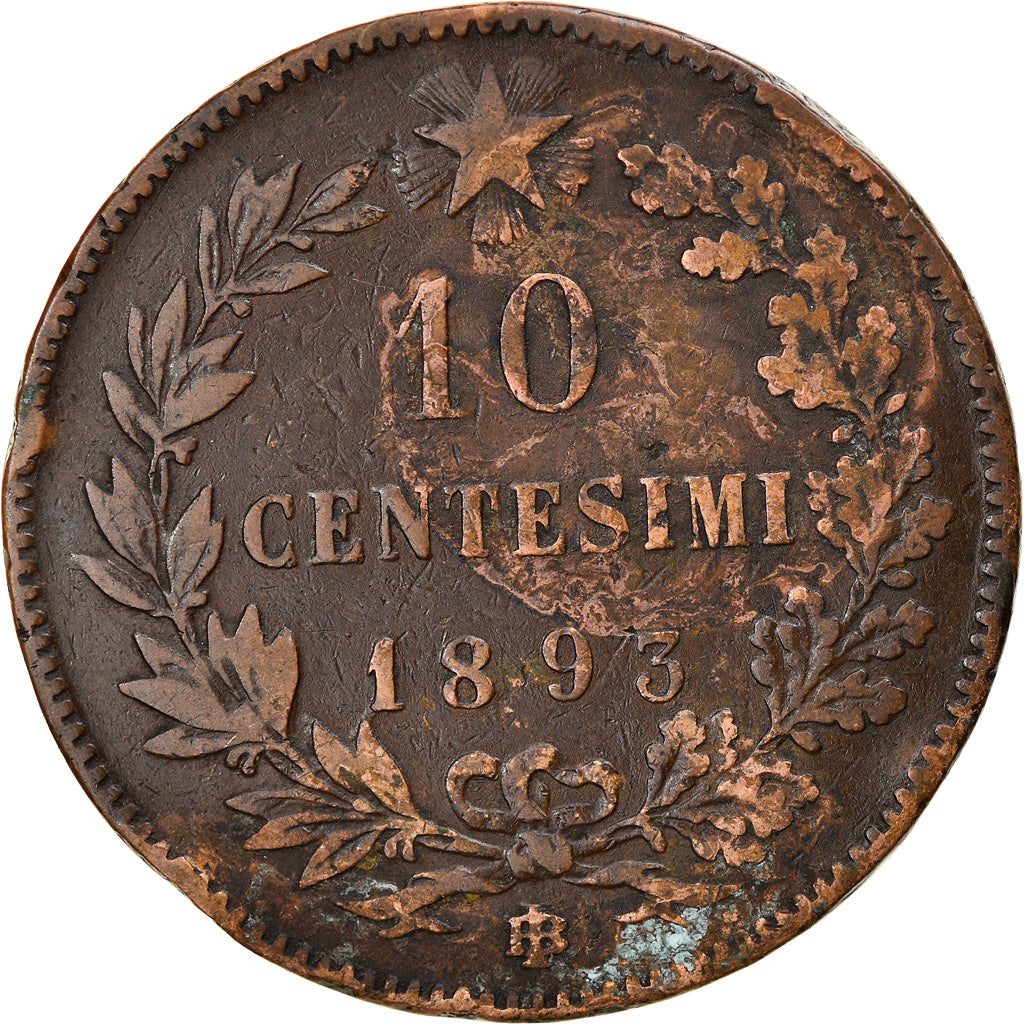 Münze, Italien, Umberto I, 10 Centesimi, 1893, Birmingham, S+, Kupfer, KM:27.1