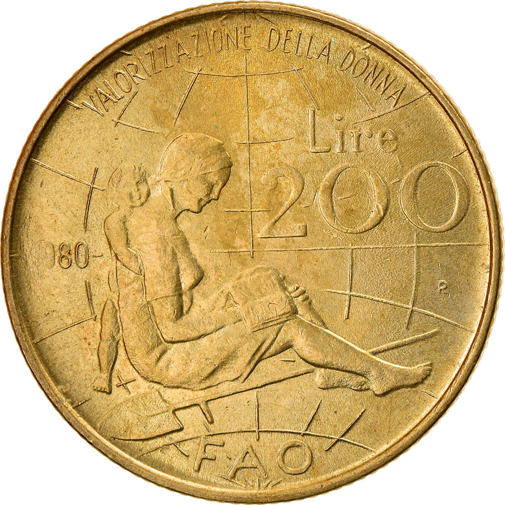 Moneda, Italia, International Women's Year, 200 Lire, 1980, Rome, BC+, Aluminio