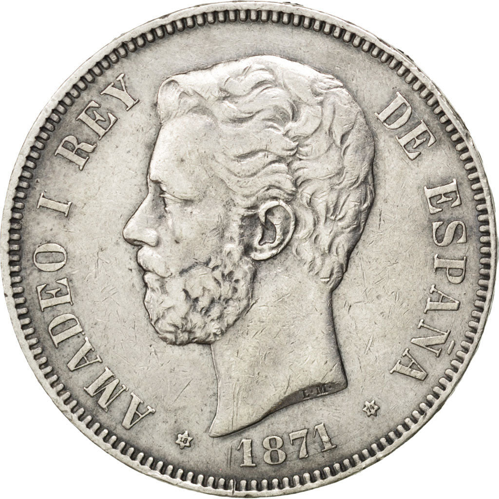 Spagna, Amadeao I, 5 Pesetas, 1871, BB, Argento, KM:666