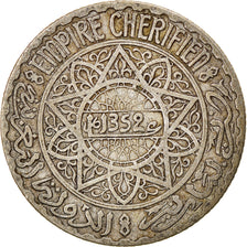 Moeda, Marrocos, Mohammed V, 5 Francs, AH 1352/1933, Paris, VF(20-25), Prata