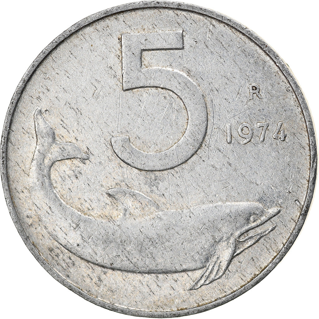 Münze, Italien, 5 Lire, 1974, Rome, S+, Aluminium, KM:92