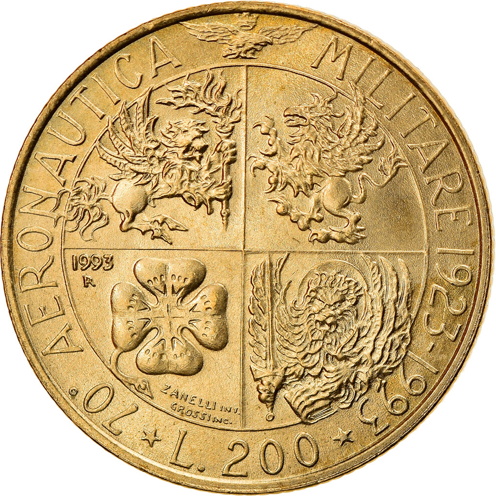 Moneda, Italia, 70th Anniversary of Military Aviation, 200 Lire, 1993, Rome