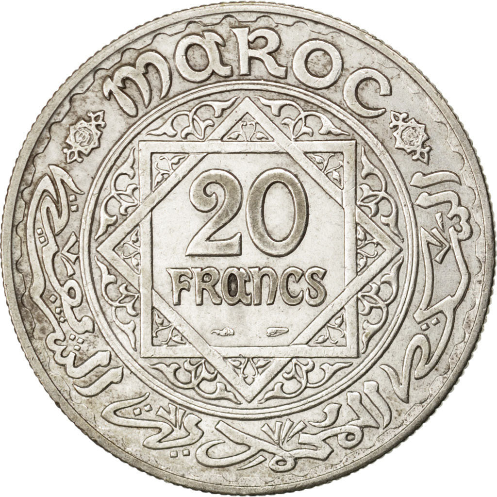 Marocco, Mohammed V, 20 Francs, 1928, BB, Argento, KM:39