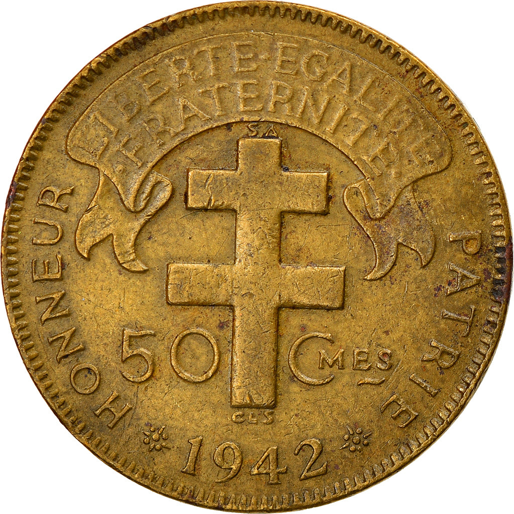 Coin, French Equatorial Africa, 50 Centimes, 1942, Pretoria, VF(30-35), Brass