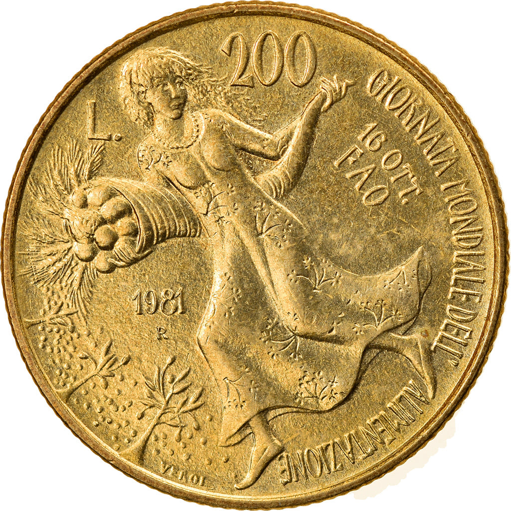 Coin, Italy, World Food Day, 200 Lire, 1981, Rome, AU(50-53), Aluminum-Bronze