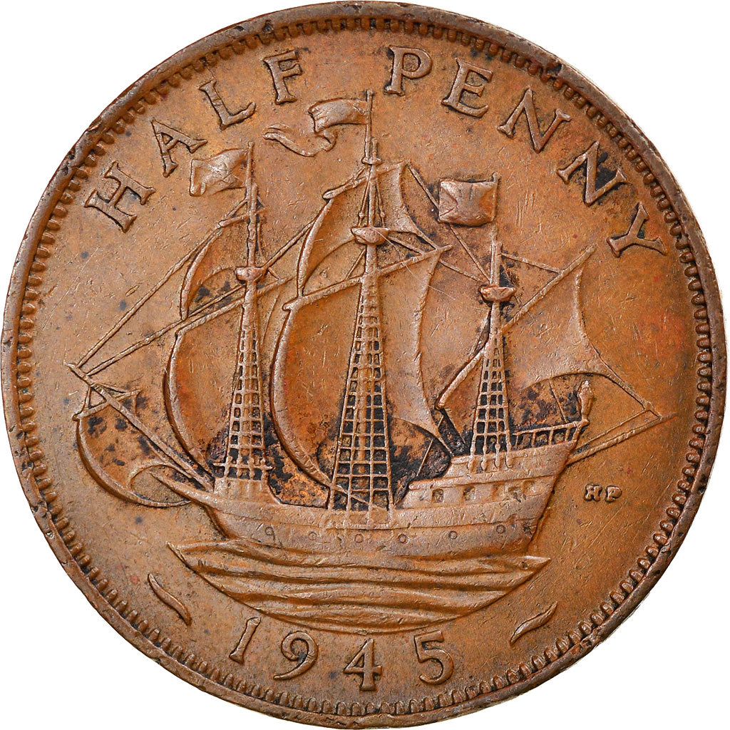 Moneta, Gran Bretagna, George VI, 1/2 Penny, 1945, BB, Bronzo, KM:844