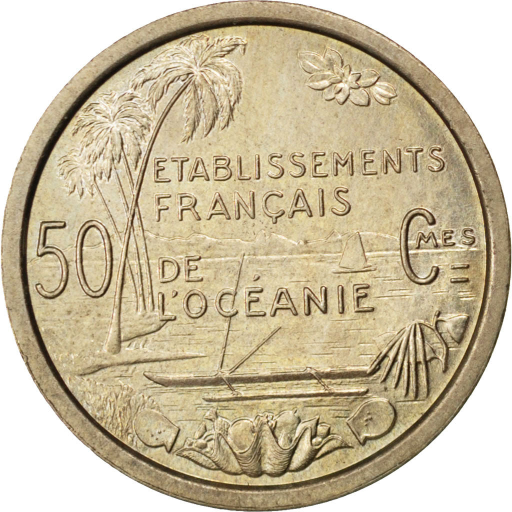 FRENCH OCEANIA, 50 Centimes, 1949, KM #E7, AU(55-58), Copper-Nickel, Lecompte...