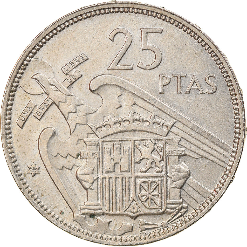 Coin, Spain, Caudillo and regent, 25 Pesetas, 1958, AU(50-53), Copper-nickel