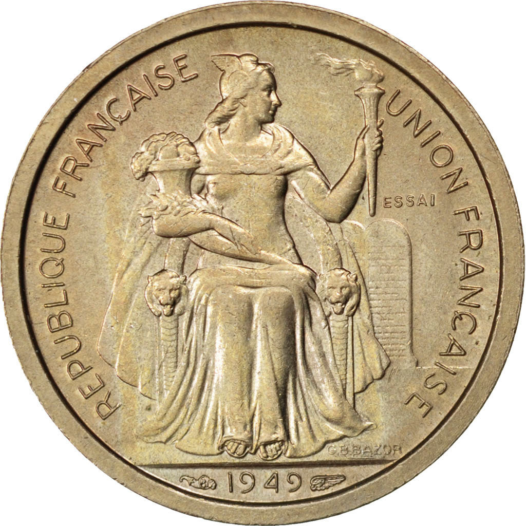 FRENCH OCEANIA, Franc, 1949, KM #E8, AU(55-58), Copper-Nickel, Lecompte #17,...