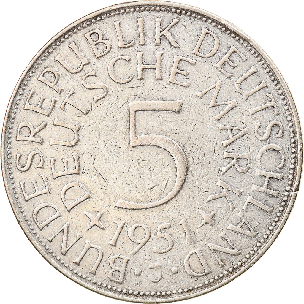 Coin, GERMANY - FEDERAL REPUBLIC, 5 Mark, 1951, Hamburg, EF(40-45), Silver