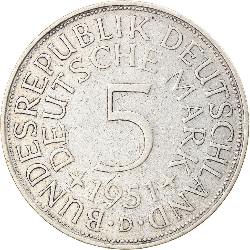 Coin, GERMANY - FEDERAL REPUBLIC, 5 Mark, 1951, Munich, EF(40-45), Silver