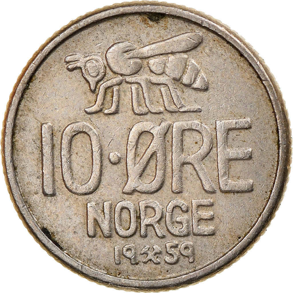 Moneta, Norvegia, Olav V, 10 Öre, 1959, BB, Rame-nichel, KM:411