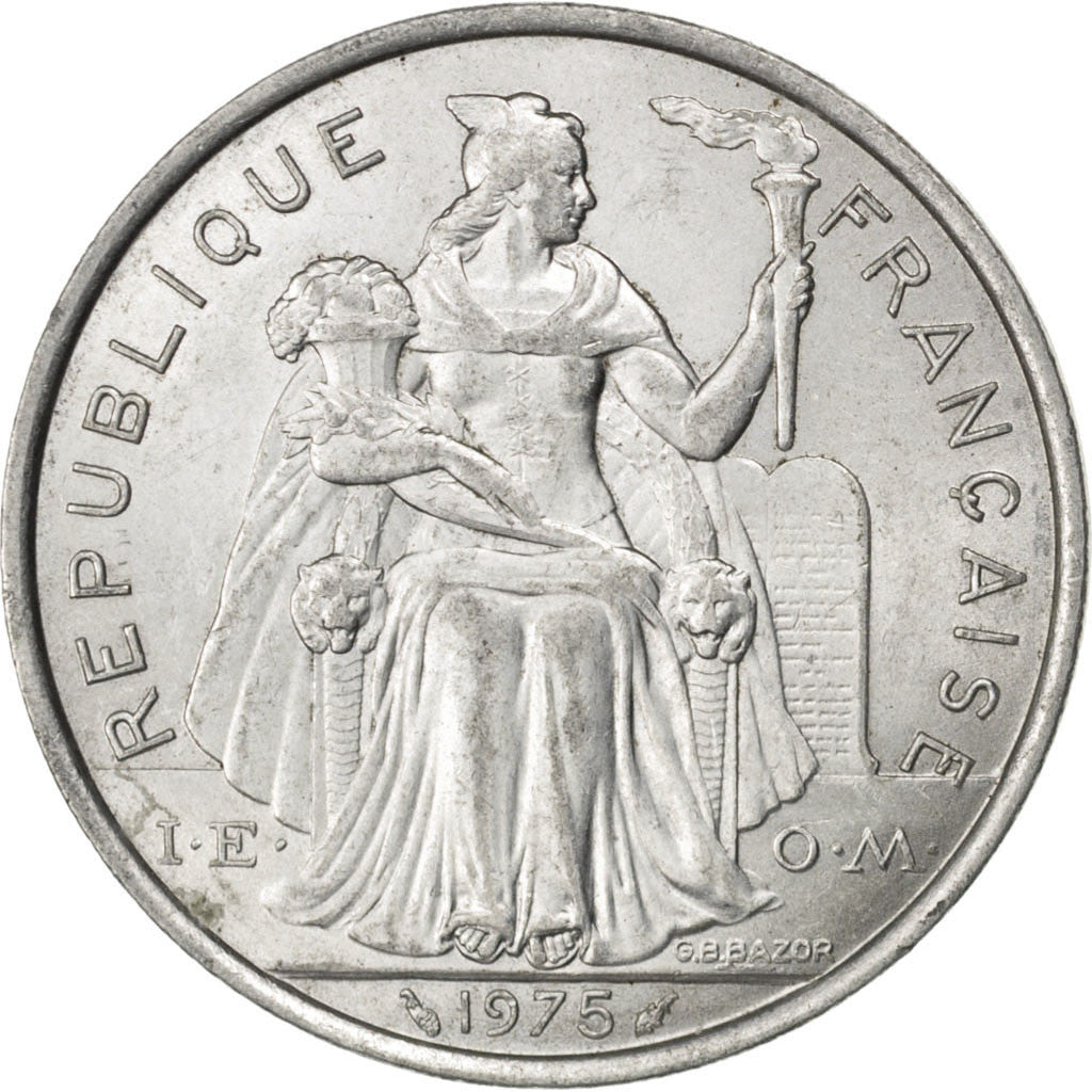FRENCH POLYNESIA, 5 Francs, 1975, Paris, KM #12, AU(55-58), Aluminum, 31,...