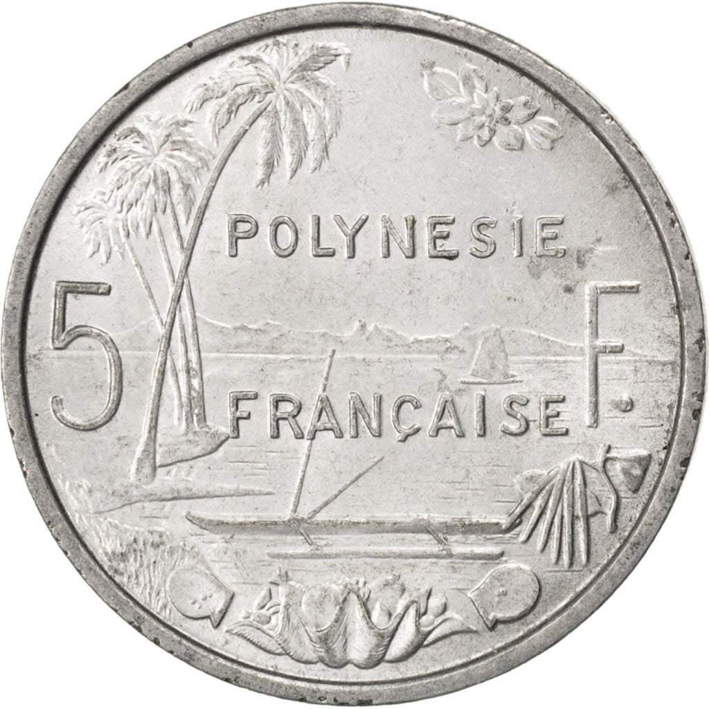 FRENCH POLYNESIA, 5 Francs, 1975, Paris, KM #12, AU(55-58), Aluminum, 31,...