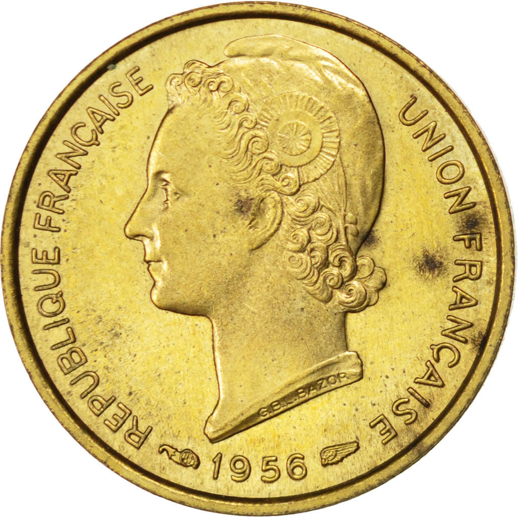 TOGO, 5 Francs, 1956, Paris, KM #E6, AU(55-58), Aluminum-Bronze, Lecompte #23,..