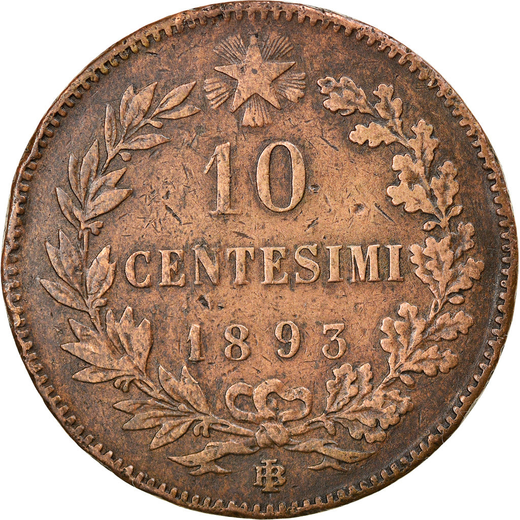 Moneta, Włochy, Umberto I, 10 Centesimi, 1893, Birmingham, VF(30-35), Miedź