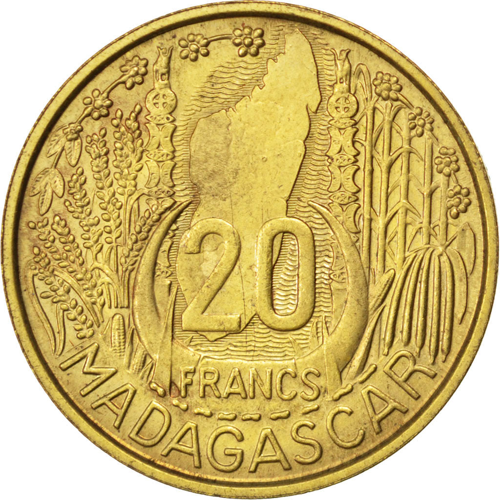 MADAGASCAR, 20 Francs, 1953, Paris, KM #E5, AU(50-53), Aluminum-Bronze,...