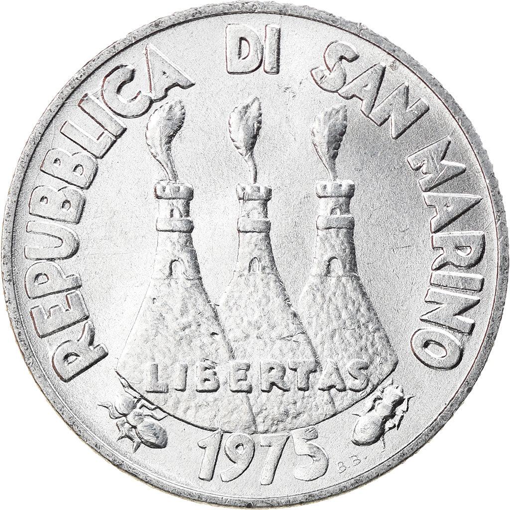 Moneda, San Marino, 2 Lire, 1975, SC+, Aluminio, KM:41