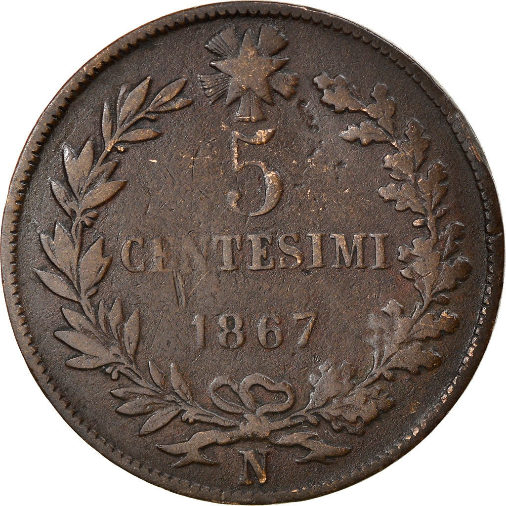 Coin, Italy, Vittorio Emanuele II, 5 Centesimi, 1867, Naples, VF(20-25), Copper