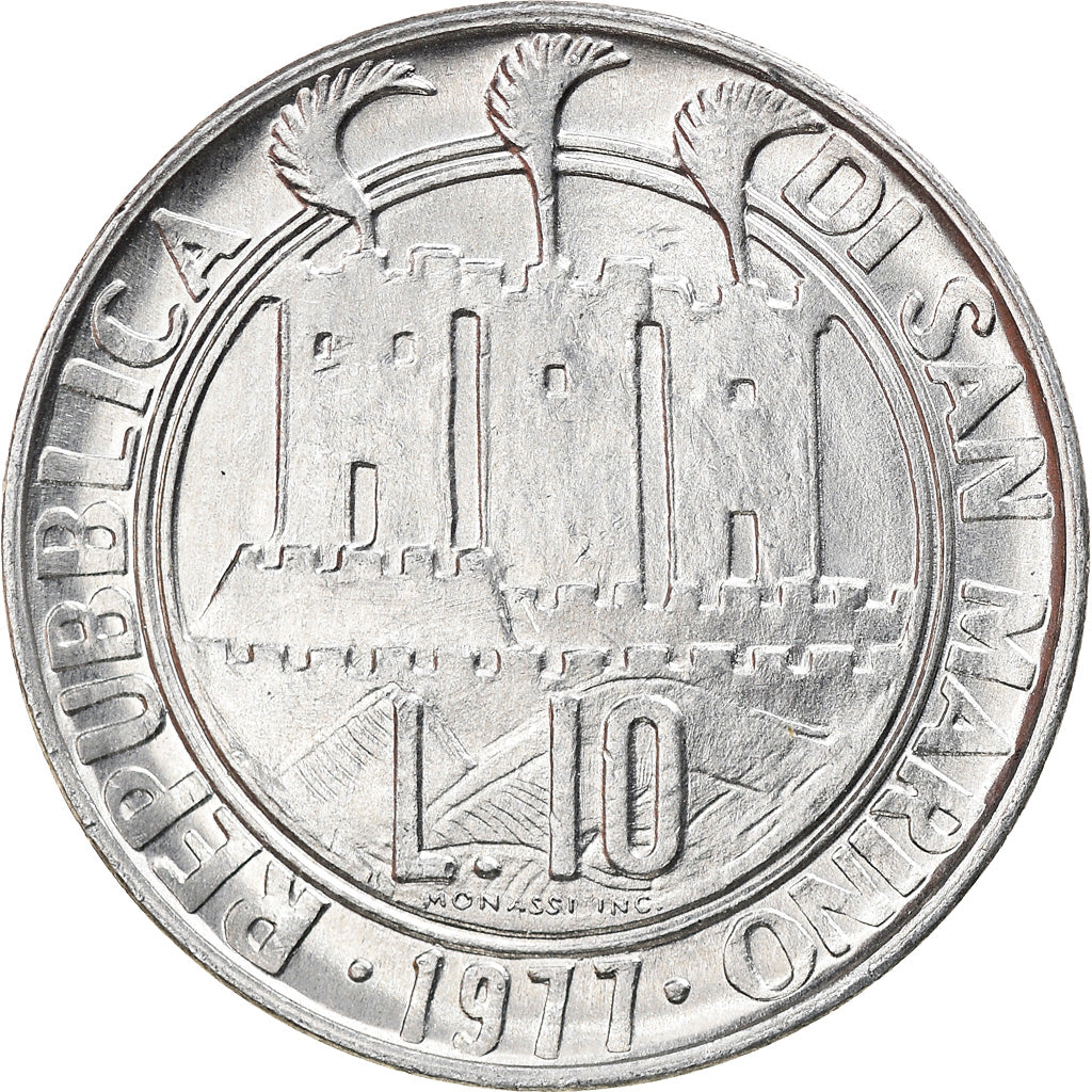 Coin, San Marino, 10 Lire, 1977, Rome, AU(55-58), Aluminum, KM:66