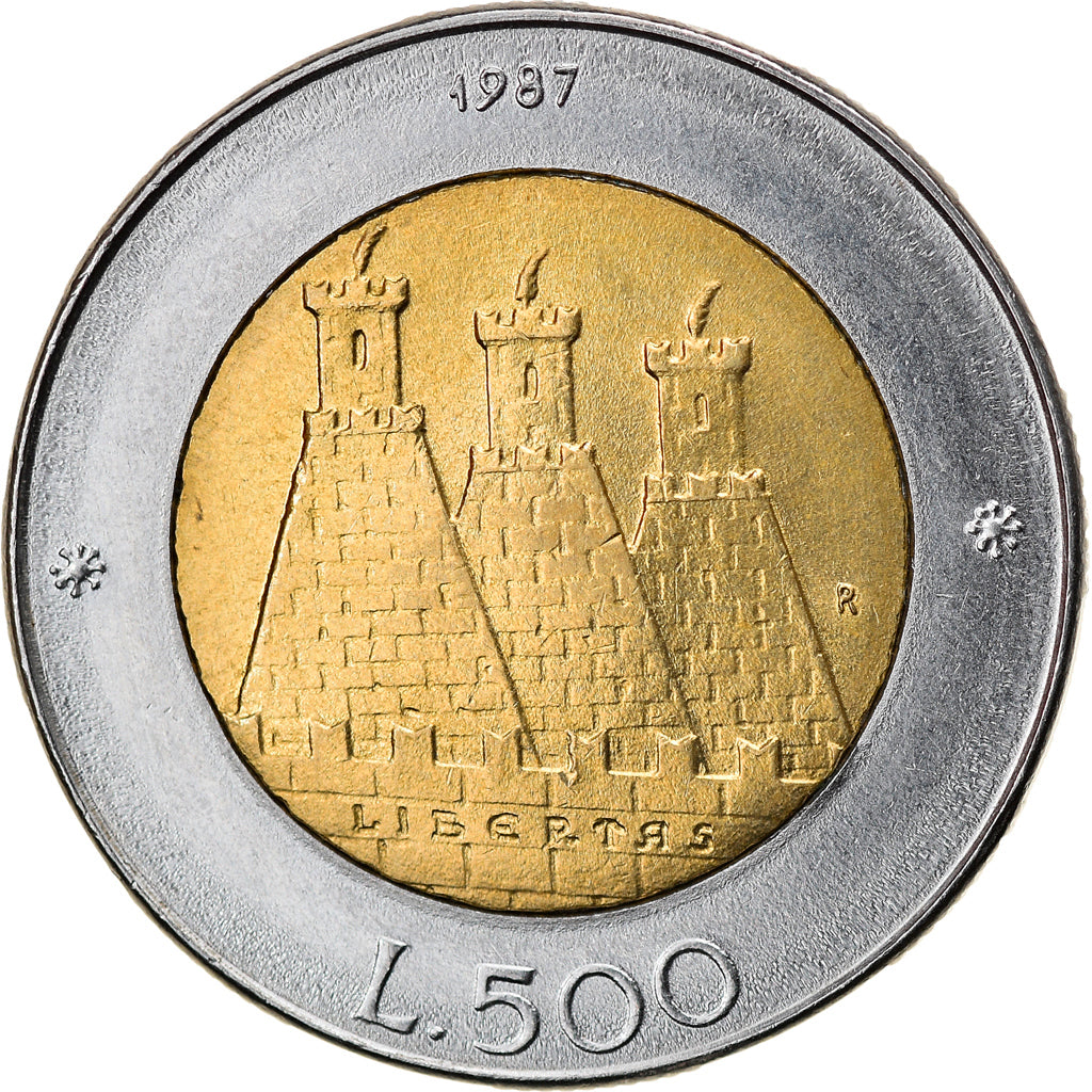 Moeda, San Marino, 500 Lire, 1987, Rome, AU(55-58), Bimetálico, KM:209