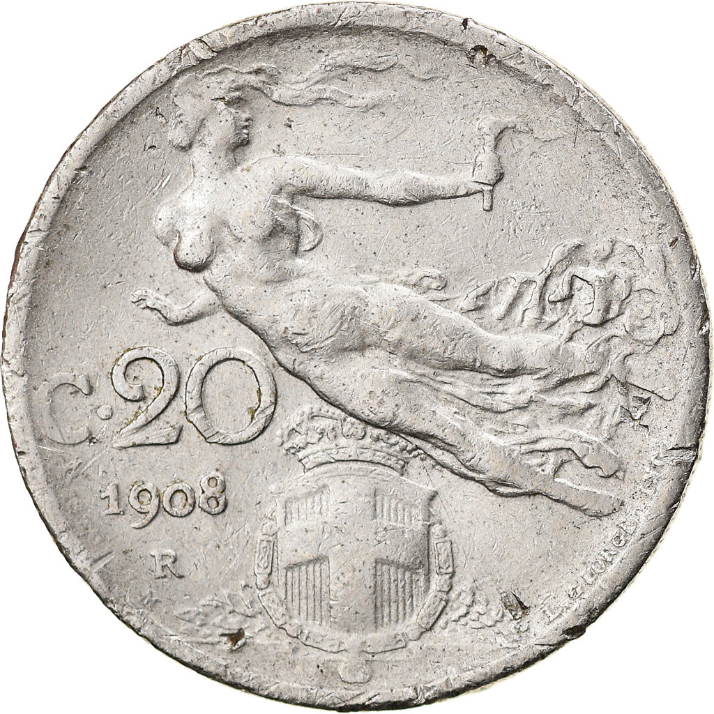 Moeda, Itália, Vittorio Emanuele III, 20 Centesimi, 1908, Rome, F(12-15)