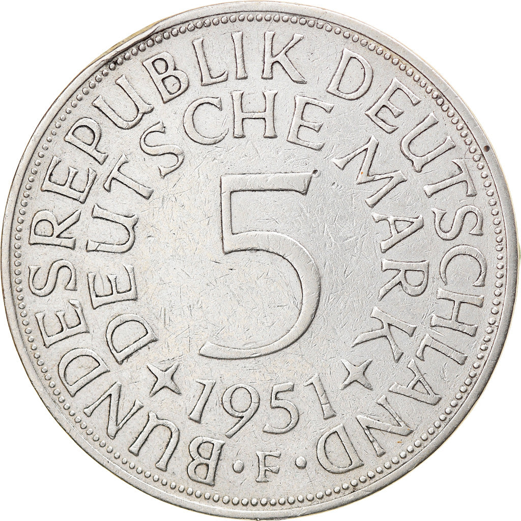 Coin, GERMANY - FEDERAL REPUBLIC, 5 Mark, 1951, Stuttgart, EF(40-45), Silver