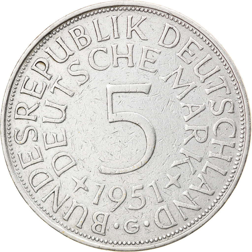 Moneta, GERMANIA - REPUBBLICA FEDERALE, 5 Mark, 1951, Karlsruhe, BB, Argento