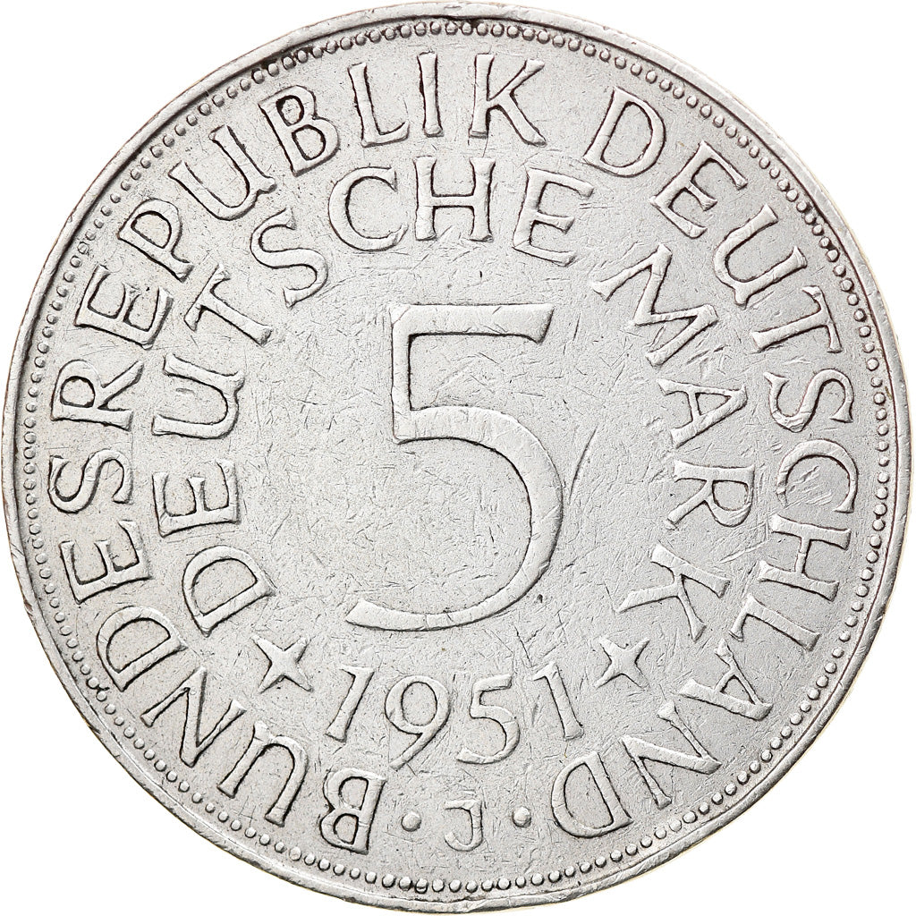 Coin, GERMANY - FEDERAL REPUBLIC, 5 Mark, 1951, Hambourg, EF(40-45), Silver