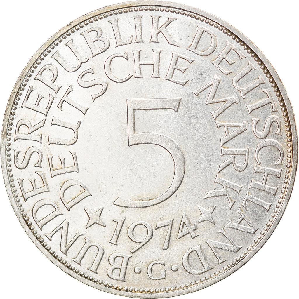Coin, GERMANY - FEDERAL REPUBLIC, 5 Mark, 1974, Karlsruhe, EF(40-45), Silver