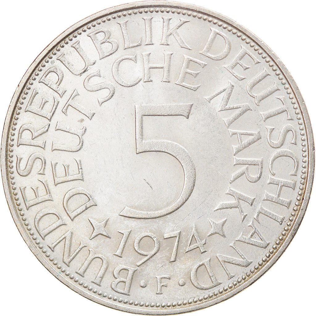 Coin, GERMANY - FEDERAL REPUBLIC, 5 Mark, 1974, Stuttgart, EF(40-45), Silver