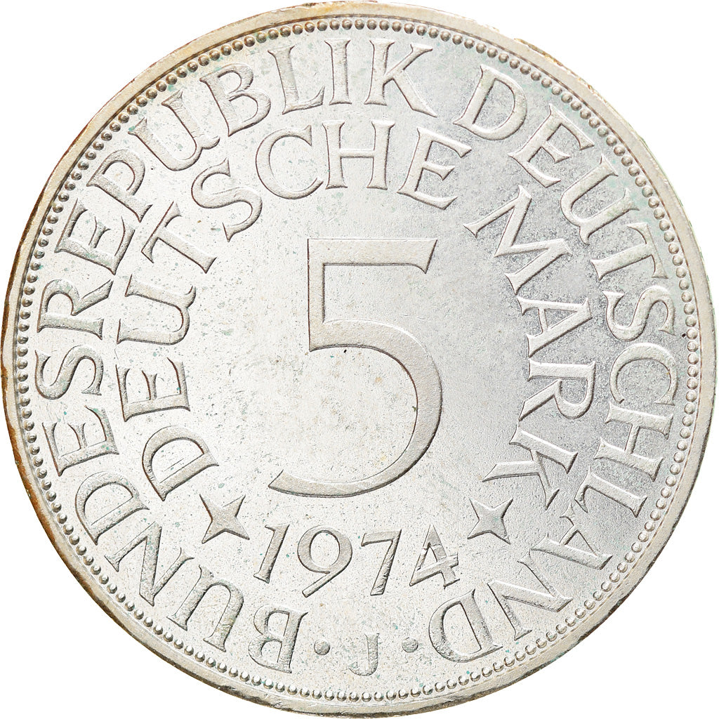 Coin, GERMANY - FEDERAL REPUBLIC, 5 Mark, 1974, Hamburg, EF(40-45), Silver