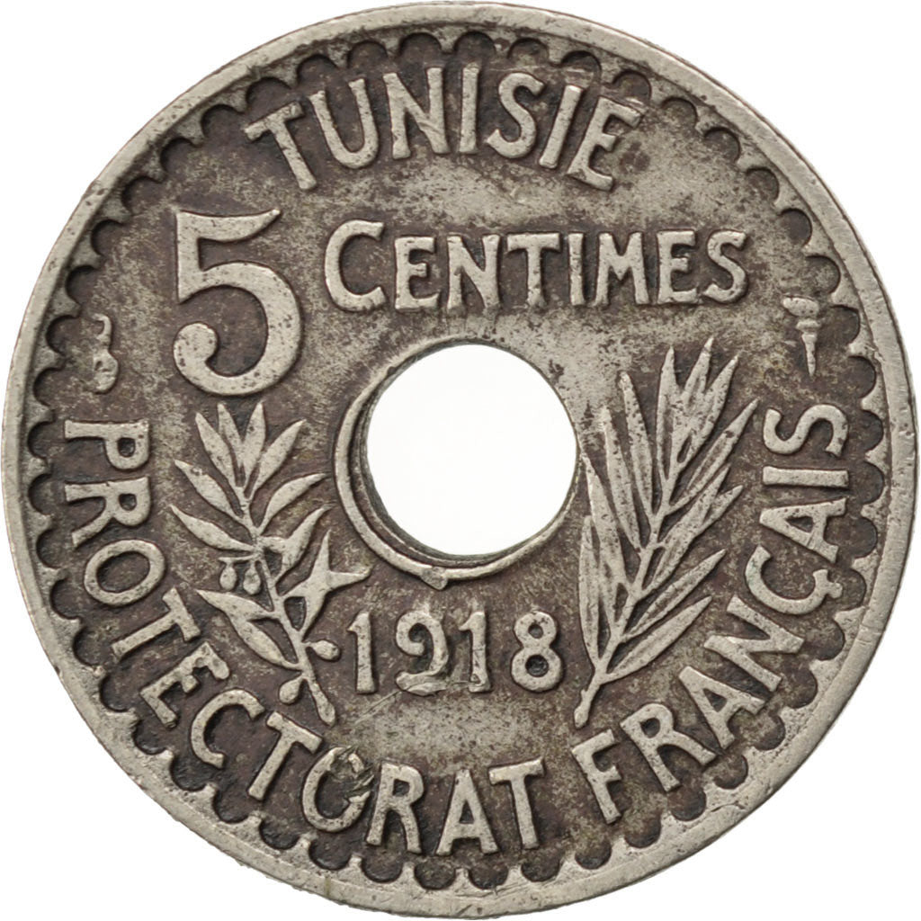 Moneta, Tunisia, Muhammad al-Nasir Bey, 5 Centimes, 1918, BB, Nichel-bronzo