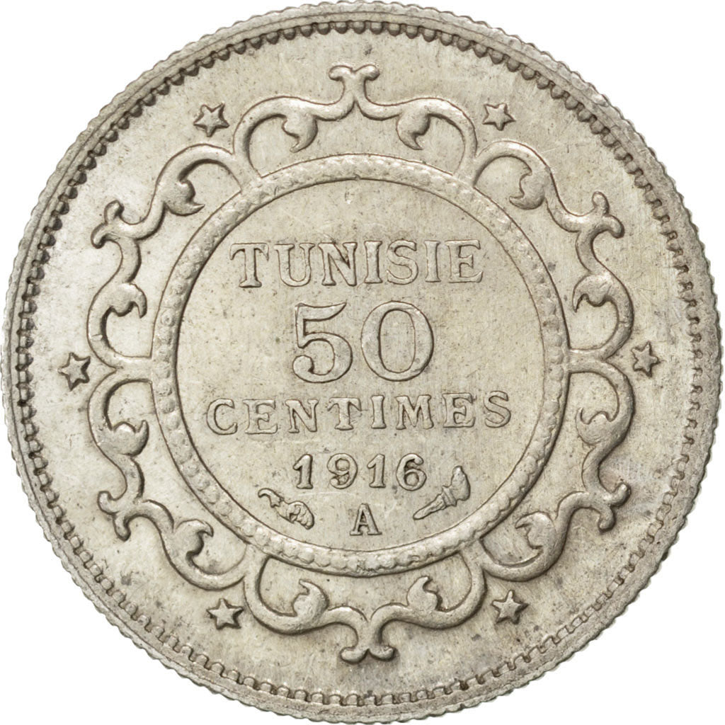 Tunisia, Muhammad al-Nasir Bey, 50 Centimes, 1916, Paris, SPL-, Argento, KM:2...
