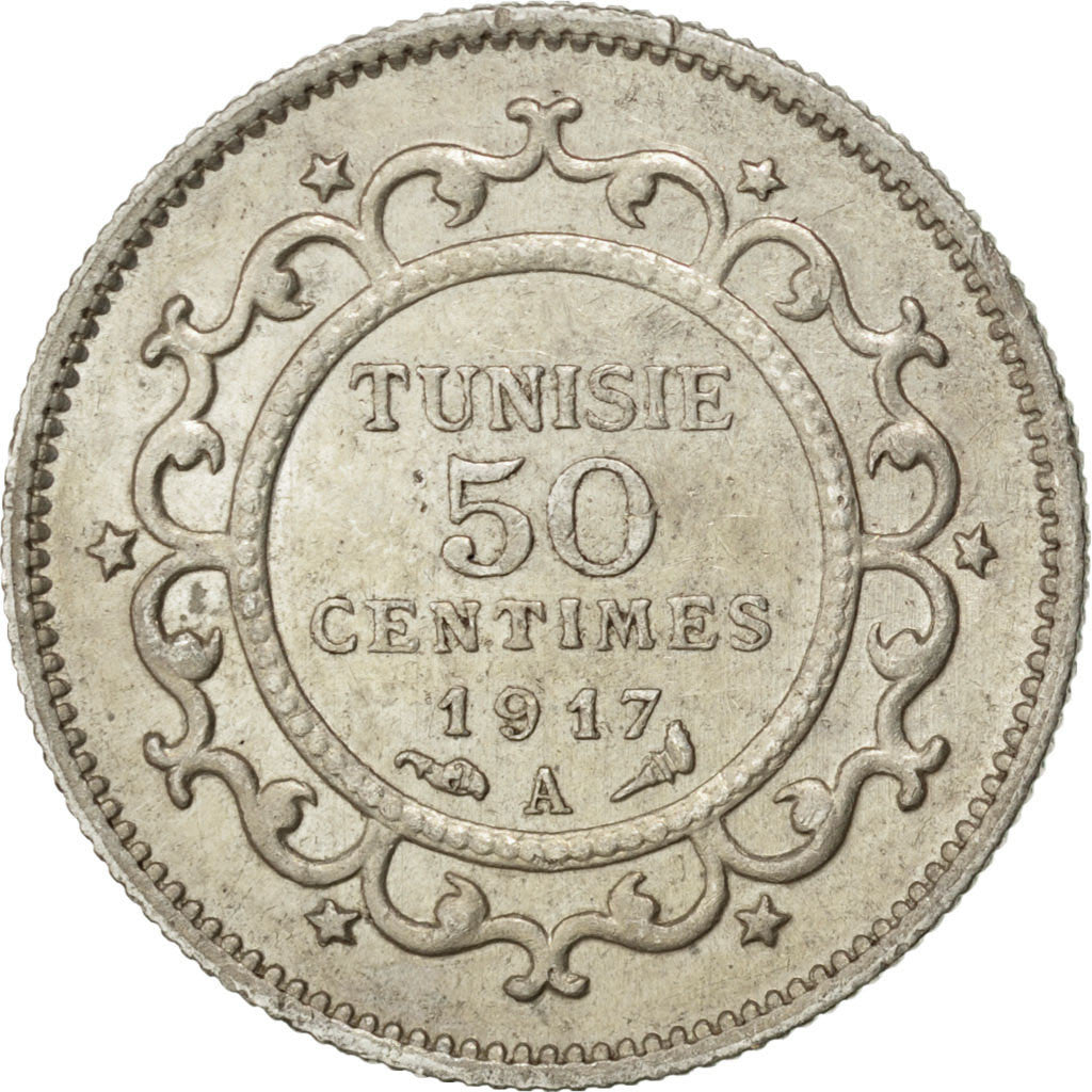 Moneta, Tunisia, Muhammad al-Nasir Bey, 50 Centimes, 1917, Paris, SPL-, Argento
