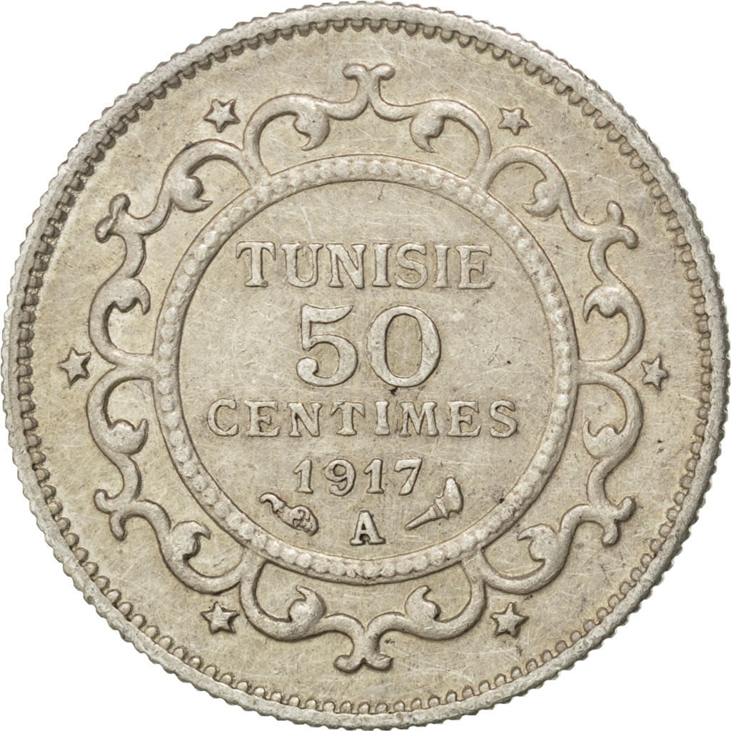 TUNISIA, 50 Centimes, 1917, Paris, KM #237, EF(40-45), Silver, Lecompte #166,...