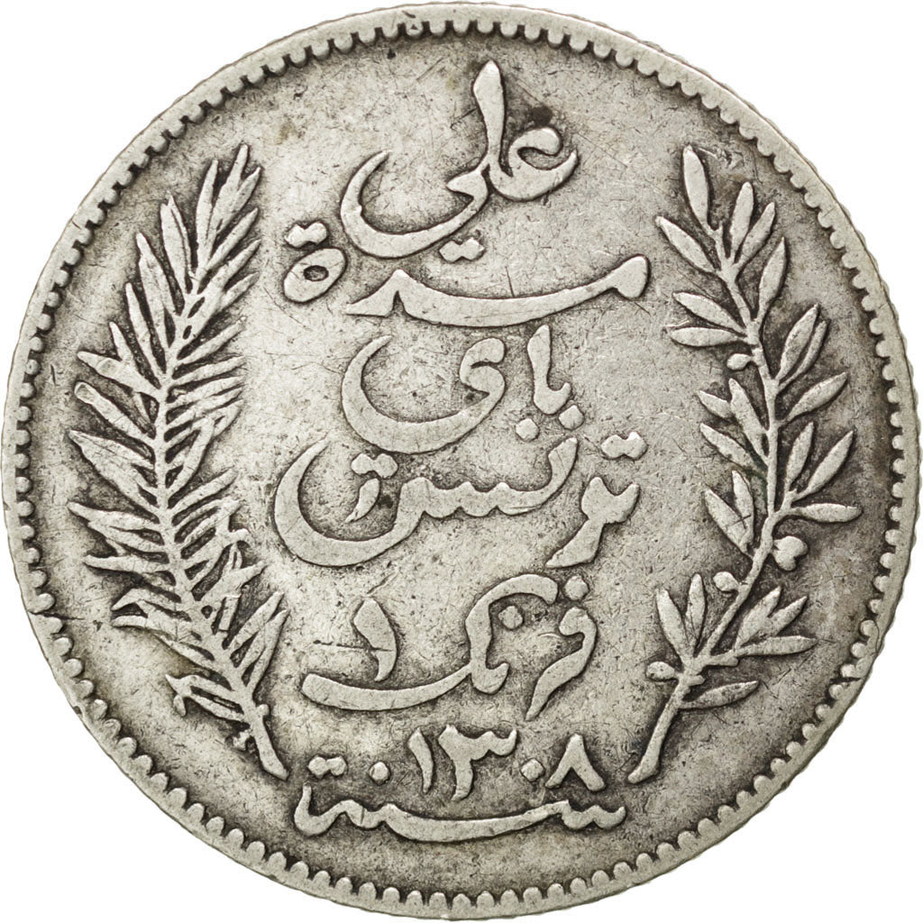 TUNISIA, Franc, 1891, Paris, KM #224, VF(20-25), Silver, Lecompte #189, 4.90
