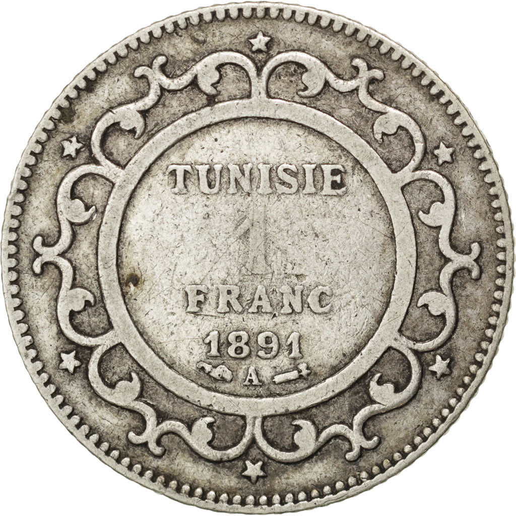 TUNISIA, Franc, 1891, Paris, KM #224, VF(20-25), Silver, Lecompte #189, 4.90